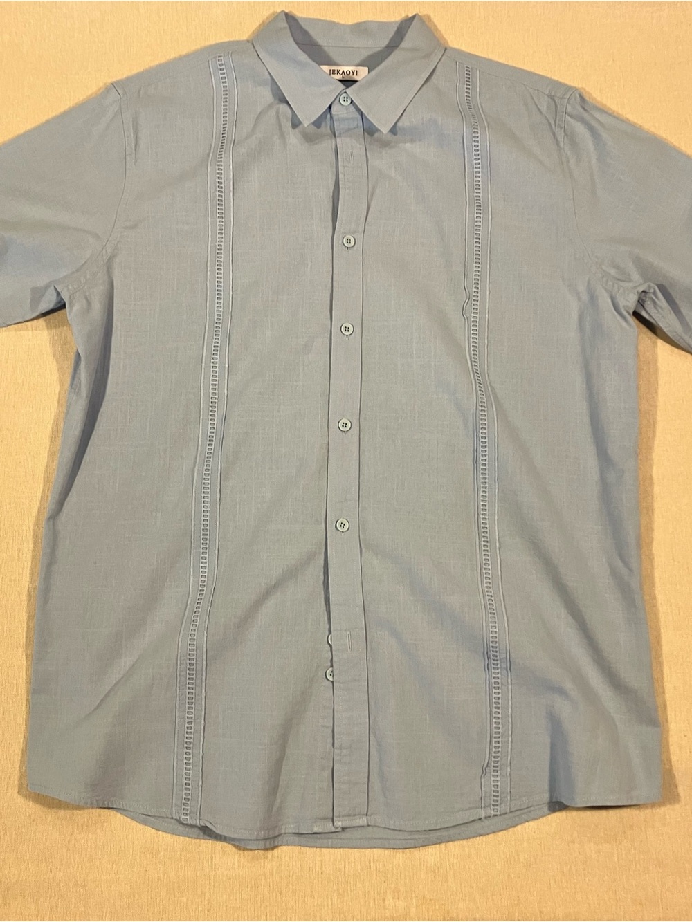 JEKAOYI Men’s L Powder Blue Cotton Linen Guayabera Cuban Shirt Short Sleeve